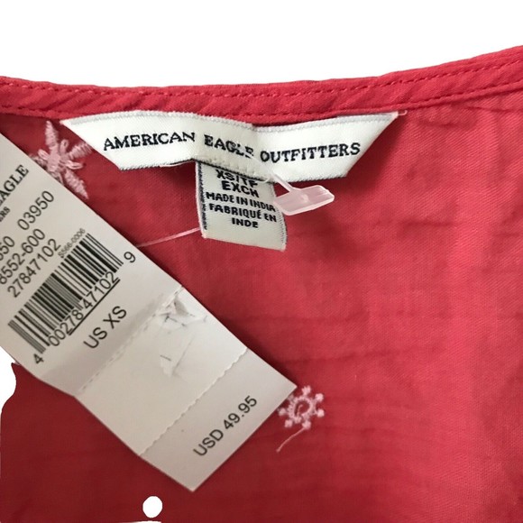 NWT American Eagle Boho Coral White Embroidered TASSEL Tunic Top XS - Picture 3 of 5